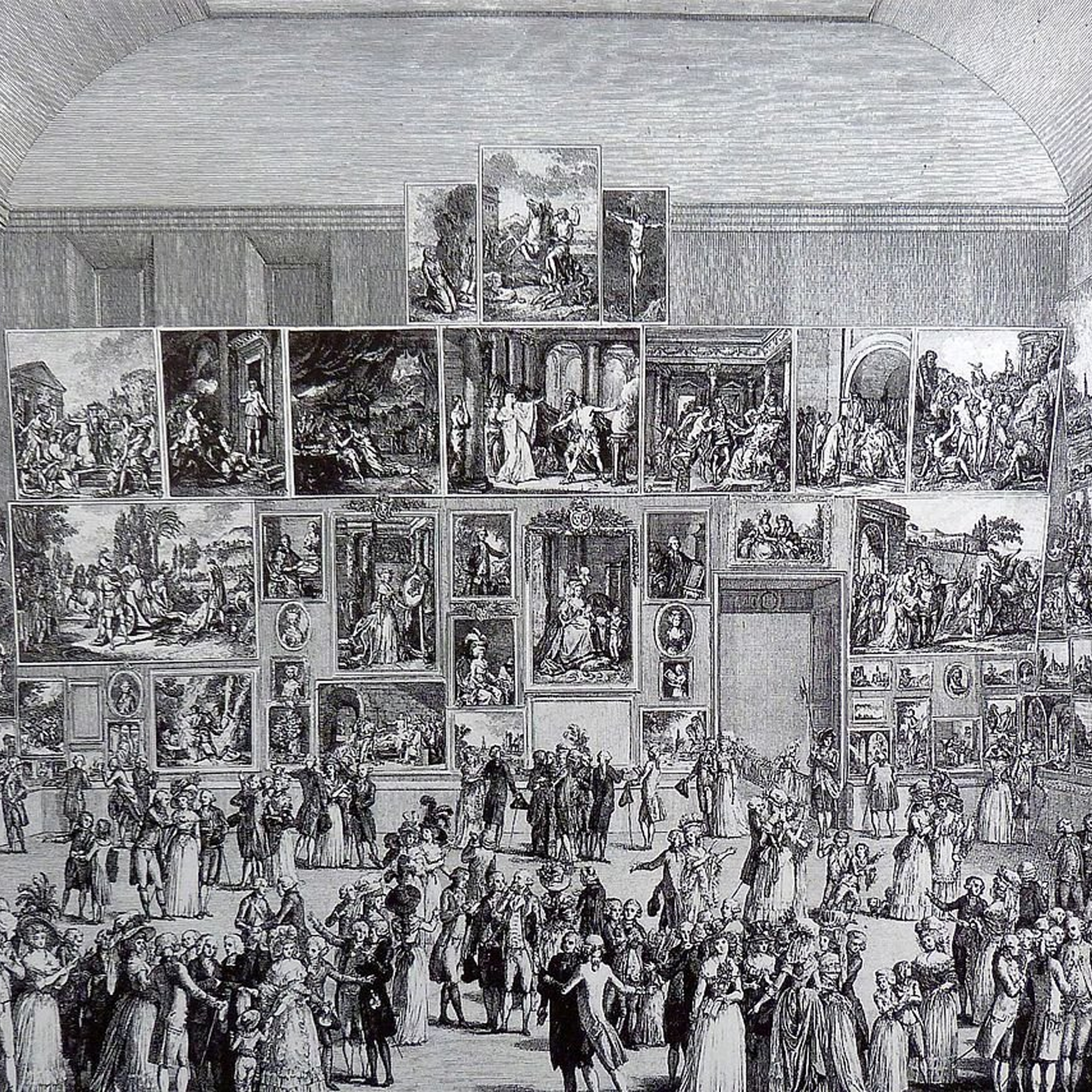 A large, detailed black-and-white drawing of an art gallery filled with numerous framed paintings and a crowd of people viewing and dancing. The gallery has a high arched ceiling and ornate architectural features.